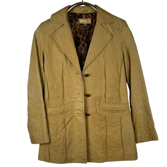 WILSONS LEATHER TAN DISTRESSED CRINKLE BUTTON DOWN NOTCH COLLAR BLAZER JACKET - Picture 4 of 15